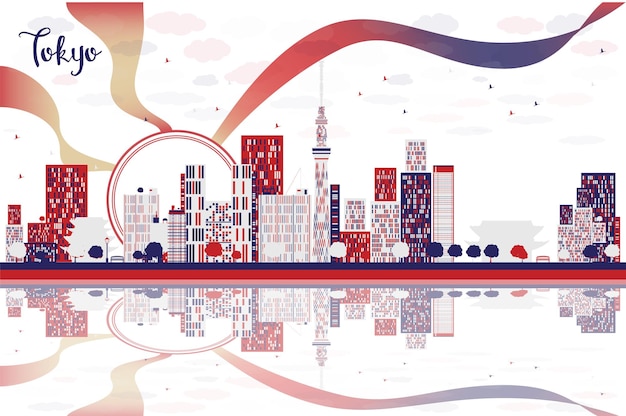 Tokyo Japan city skyline with skyscrapers sun and reflections Cityscape with landmarks