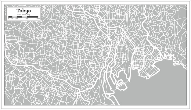 レトロなスタイルの東京地図。手で書いた。ベクトルイラスト。