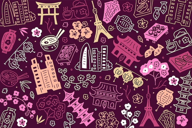 Vector tokyo patroon illustratie japan vakantie reizen doodle tekening moderne stijl tokyo patroon