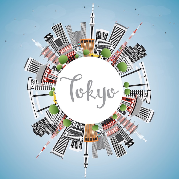 Tokyo skyline met grijze gebouwen, blauwe lucht en kopie ruimte. vectorillustratie. zakelijk reizen en toerisme concept met moderne architectuur. afbeelding voor presentatiebanner plakkaat en website.