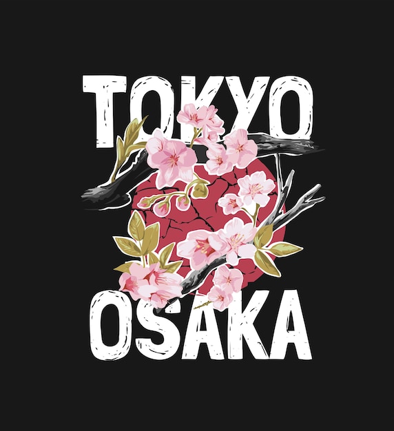 Vector tokyo slogan met sakura tak op rode zon achtergrond illustratie