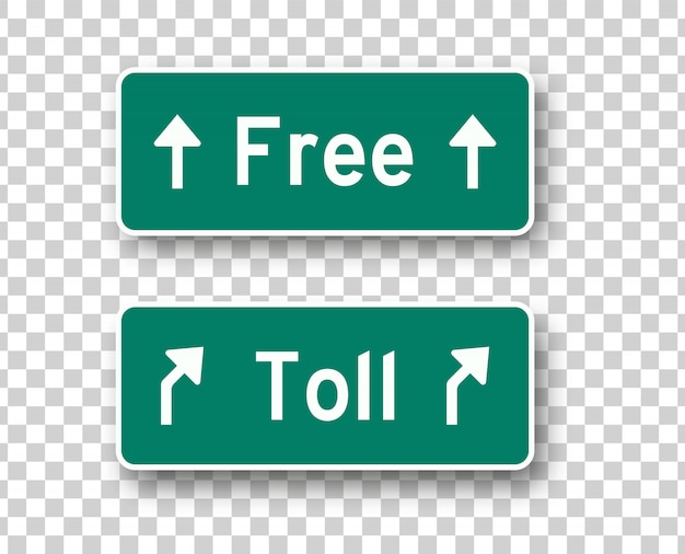 Toll and free road signs isolated design elements. highway green boards collection on transparent background