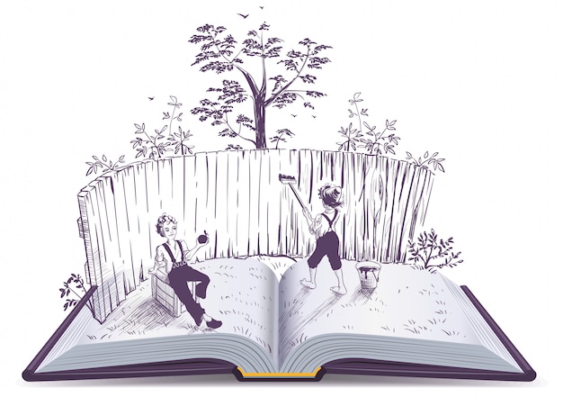 Vector tom sawyer paints fence open book illustration