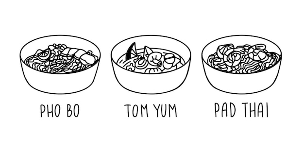 Ciotola per zuppa tom yum pho bo pad thai in stile doodle disegnato a mano cibo asiatico per il menu dei ristoranti