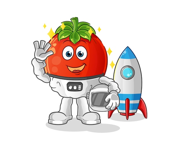 Tomaat astronaut zwaaien karakter cartoon mascotte vector