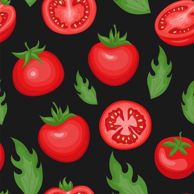 Tomaat voedsel patroon kers groente en bladeren geïsoleerd op zwart Bloementuin decor textiel inpakpapier behang ontwerp biologische maaltijd ketchup saus print Vector naadloze achtergrond