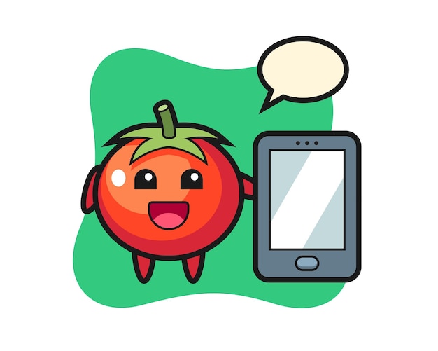 Vector tomaten illustratie cartoon met een smartphone