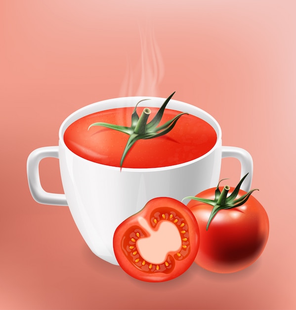 Tomatensoeppakket realistisch, instant soep, verse tomaten, geïsoleerde beker, vegetarisch eten, illustratie