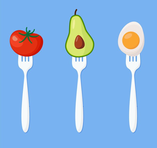 Tomato, avocado, egg on forks Concept of diet. Vector illustration. EPS 10