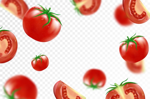 Sfondo di pomodoro pomodori maturi freschi che cadono isolati su sfondo trasparente messa a fuoco selettiva pomodoro rosso sfocante volante applicabile per la pubblicità del succo di ketchup vettore 3d realistico