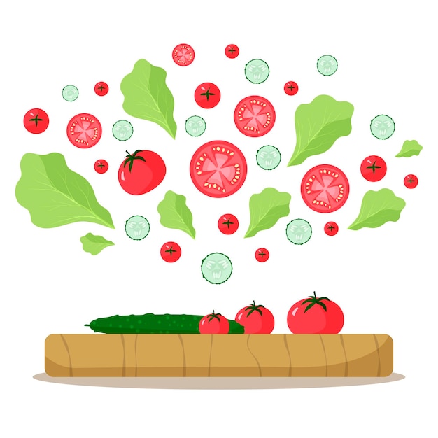 Tomato and cucumber on cutting board Flying slices of vegetables and lettuce leaves Vector illustration Vector design