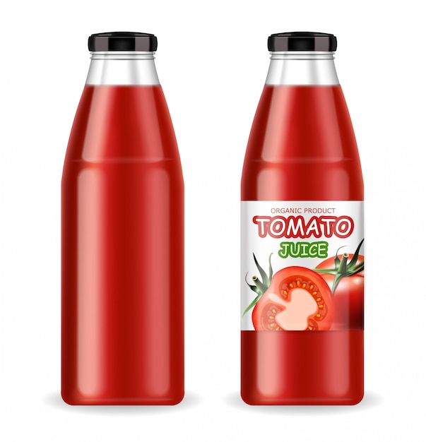 Succo di pomodoro, bottiglia realistica, prodotto biologico, bottiglia isolata, pomodori freschi, cibo vegetariano, illustrazione