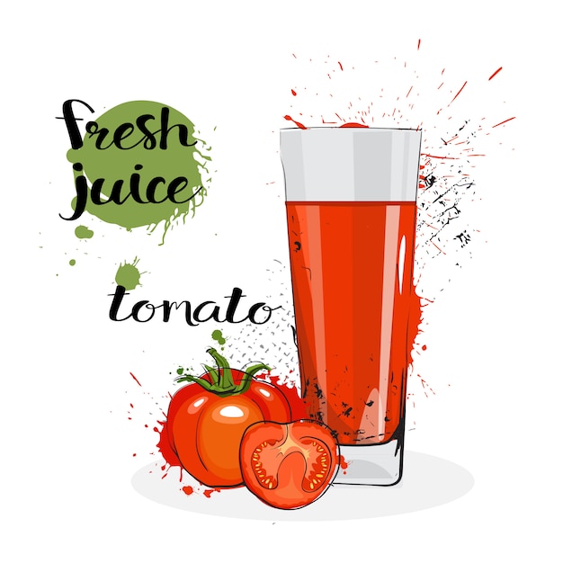 Tomato juice fresh hand drawn watercolor vegetable and glass on white background