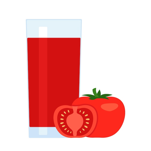 Tomato juice glass with whole and cut half tomato smoothie food Red beverage in cup vegetable drink