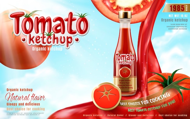 Annuncio di ketchup di pomodoro con salsa che cola