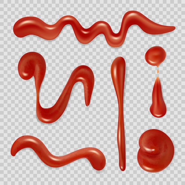 Vector tomato sauce red ketchup pasta splashes flow spread liquid sauce 3d realistic decent vector illustrations isolated