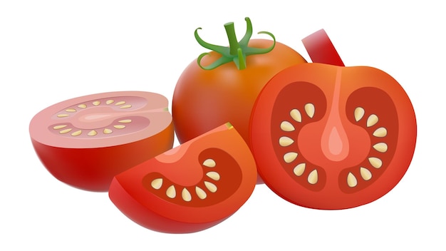 Tomato Set of fresh tomatoes whole and sliced Isolated on a white background realistic tomato