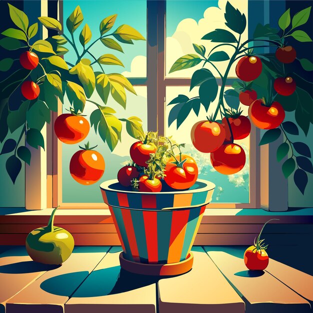 Vector tomato tree in a pot vector illustration