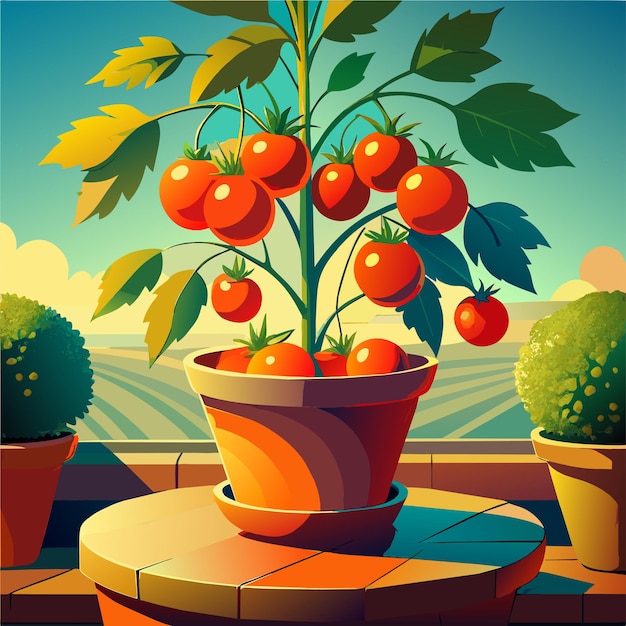 Albero di pomodoro in un'illustrazione vettoriale in vaso