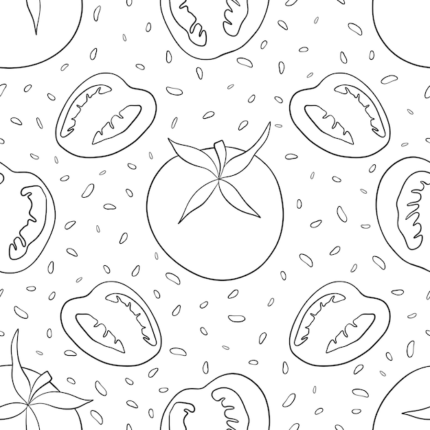 Vector tomato vector drawing seamless tomato slices pattern balck line and white ink style pattern