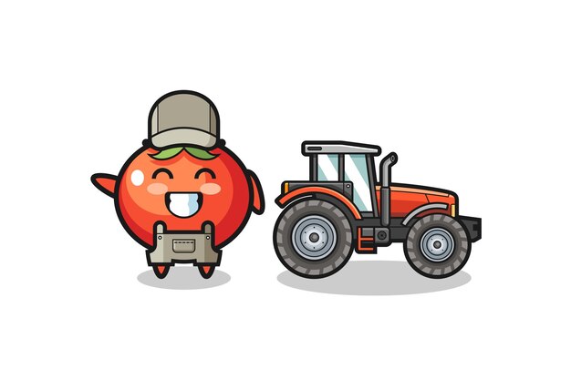 The tomatoes farmer mascot standing beside a tractor