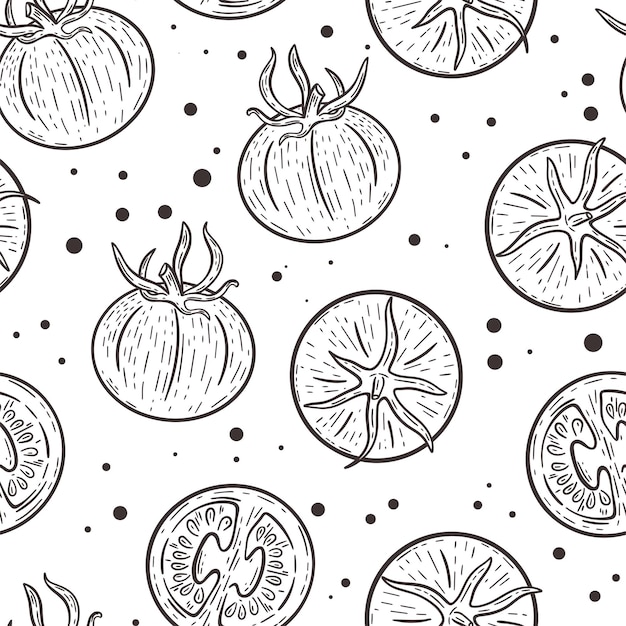 Tomatoes hand drawn engraving seamless pattern vintage vector black illustration