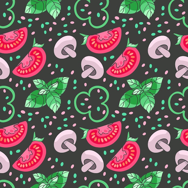 Tomatoes herbs and pepper seamless vector pattern