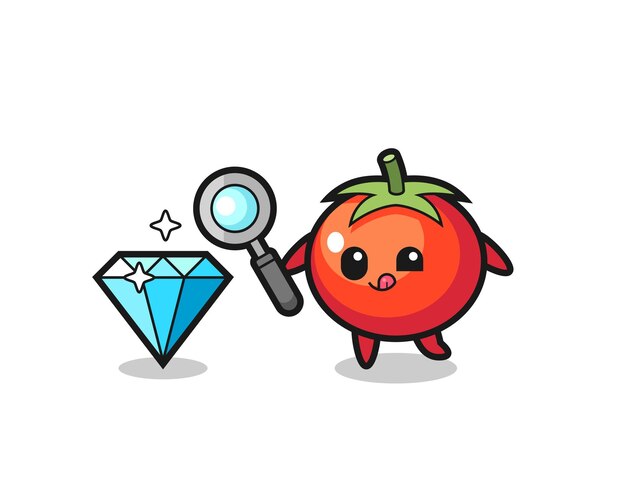 Tomatoes mascot is checking the authenticity of a diamond