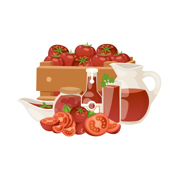 Vettore prodotti dei pomodori con l'illustrazione del fumetto del succo, del ketchup e dei sottaceti di verdure dei prodotti biologici.