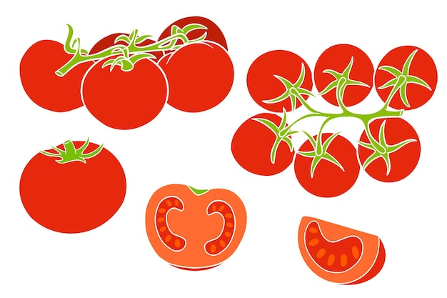 Set di pomodori pomodori freschi pomodori su un ramo un cuneo e mezzo in uno stile cartone animato illustrazione vettoriale per il design e la decorazione