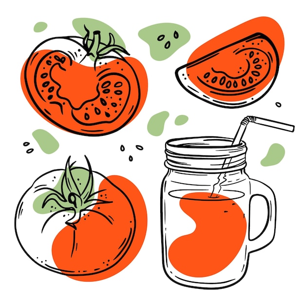 Tomatoes and tomato juice in a jar sketches with red and green color splashes on white background