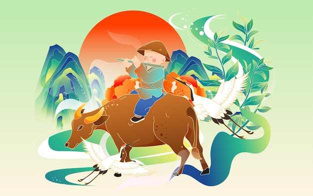 Vector tomb sweeping day shepherd boy herding cattle country tide illustration chinese wind spring