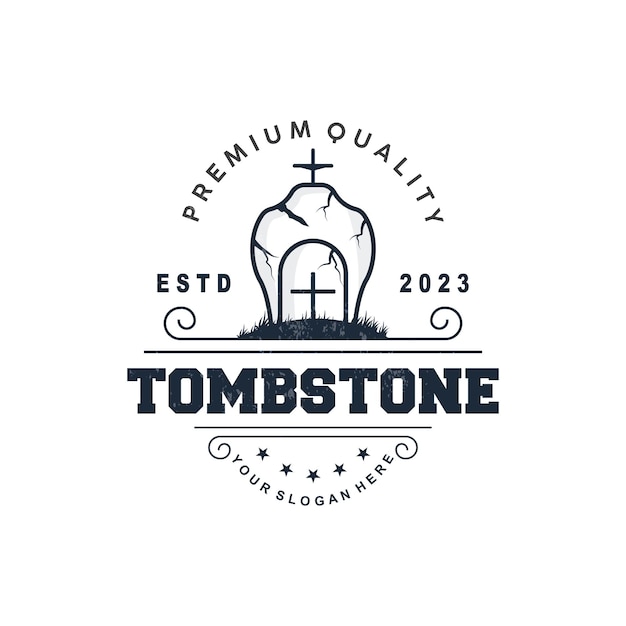 Tombstone Logo Tomb Cemetery Cross Vector Vintage Label Retro Badge Inspirational Design