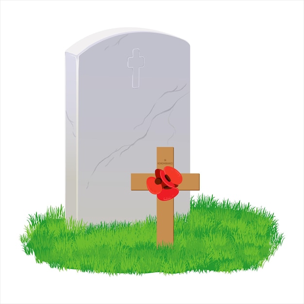 A tombstone made of white marble on green grass a small wooden cross erected Memorial Day Vector