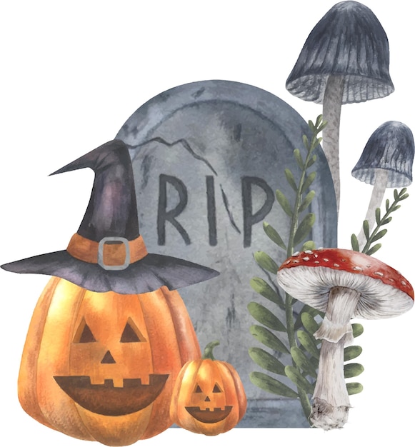 Vector tombstone paddestoelen en jackolantern halloween aquarel element geïsoleerd