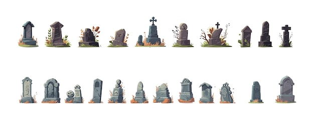 Tombstone set platte cartoon geïsoleerd op een witte achtergrond isometrische vectorillustratie