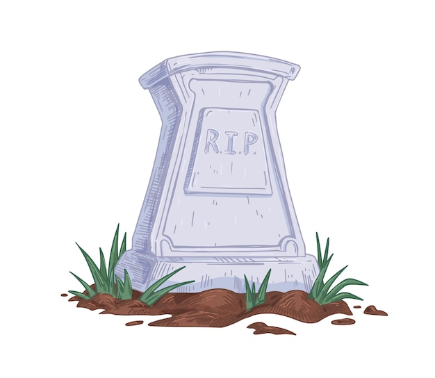 Tombstone with RIP abbreviation. Upright gravestone of stone grave with ground and grass. Headstone with Rest in Peace inscription. Hand-drawn vector illustration isolated on white background.