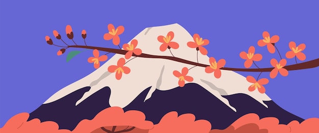 Vector toneelmening van heilige fuji-berg en sakuratak met roze tot bloei gekomen bloemen tijdens hanami-vakantie. japanse fujiyama-berg en bloeiende kersenbomen. kleurrijke platte vectorillustratie.