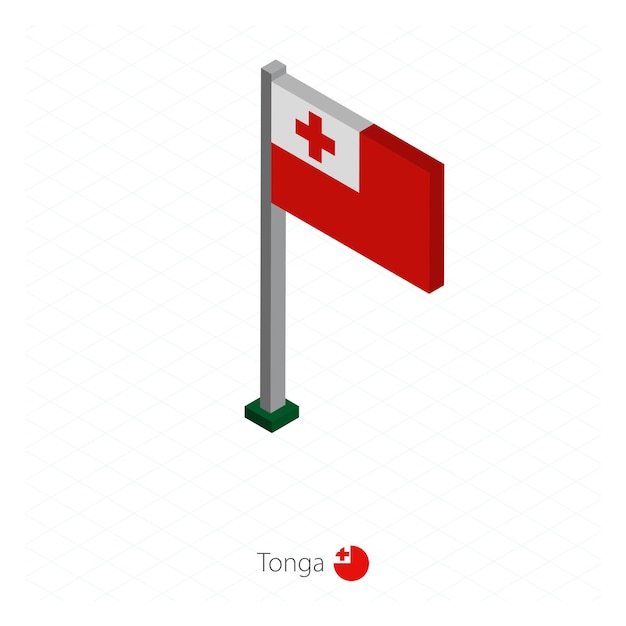 Tonga Flag on Flagpole in Isometric dimension Isometric blue background Vector illustration