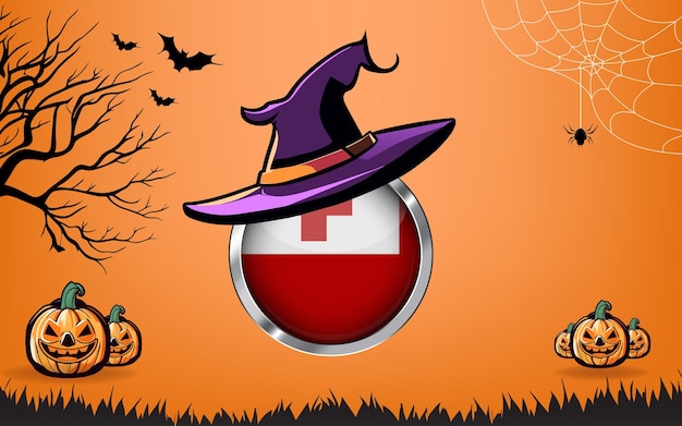 tonga round flag with Happy Halloween banner or party invitation background bats spiders and pumpkins orange background