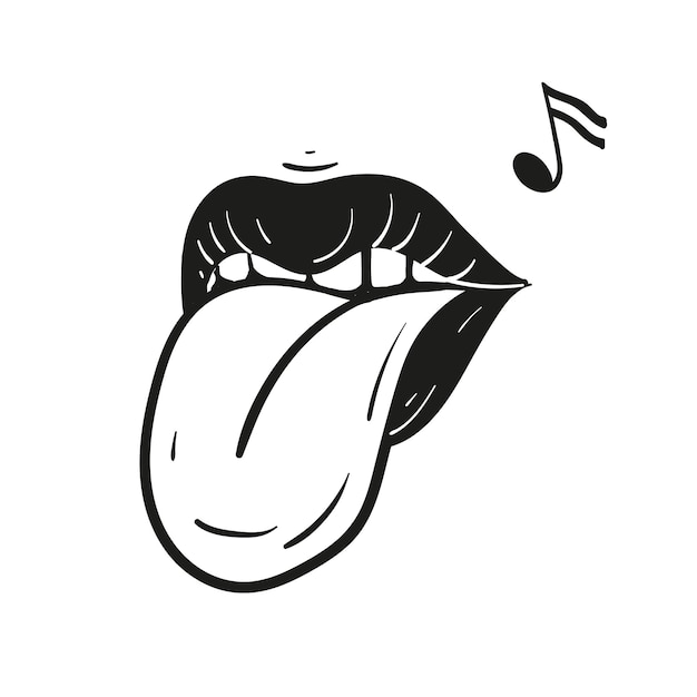 The tongue is stuck out of the mouth Rock and roll in doodle style Hard rock paraphernalia Vector set