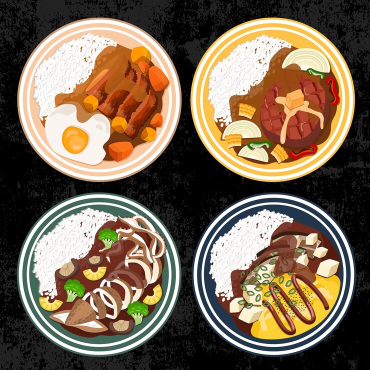 Vector tonkatsu hamburg grilled squid curry omelette rice food japan cooking