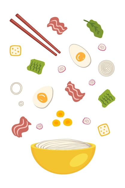 Tonkotsu asian ramen soup ingredients falling into a bowl of noodles Perfect for tee stickers menu and stationery Vector illustration for decor and design