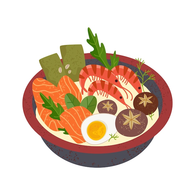 Tonkotsu ramen soup bowl boiled eggs halves seafood mushrooms Traditional Chinese Japanese dish