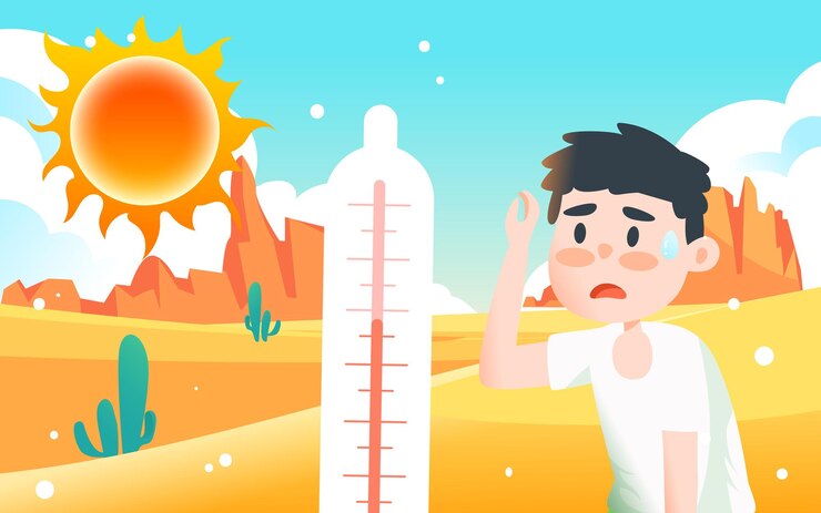 여름 캐릭터 열사병 고온 경고 더운 여름날 벡터에 너무 덥다