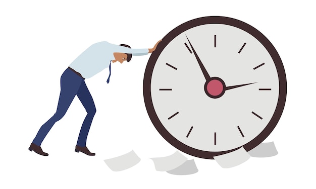 Vector too many working hours man tries to move giant clock bad time management male vector character feeling stressed and pressured by lack of time overwork at office