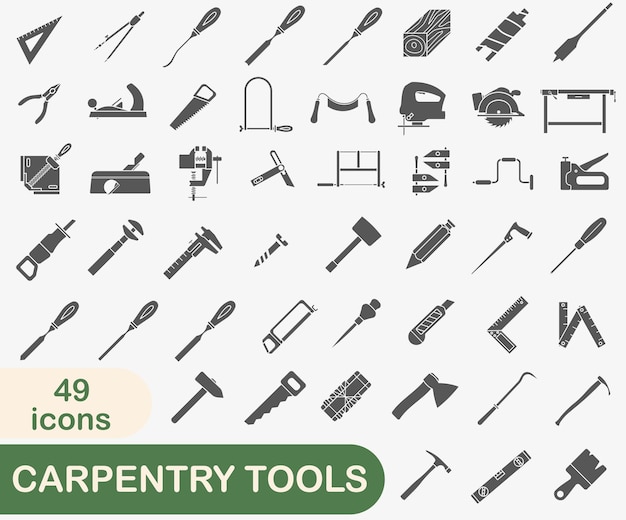 Tool for carpentry workshop Collection of dark full icons of carpentry tools Vector illustration