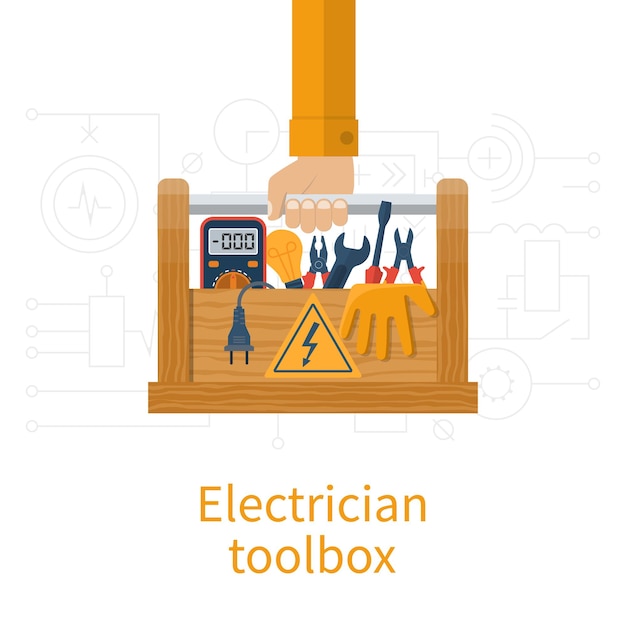 Vector toolbox electrician electricians in hand holding box of tools and equipment for repair and maintenance concept of electrical  service center workshop vector illustration flat designxa