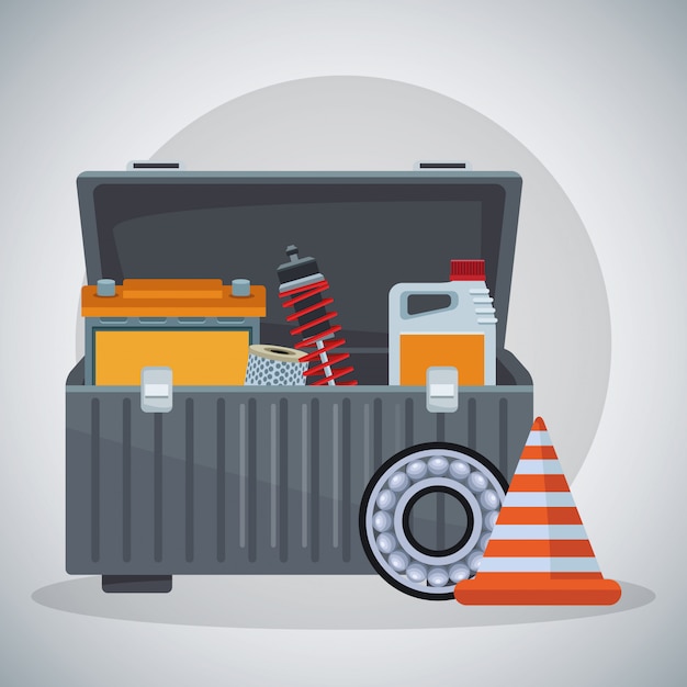 Vector tools box with brake disc and traffic cone