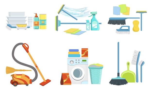 Vector tools for cleaning set household supplies washing machine detergent bottles mop brush vacuum cleaner vector illustration